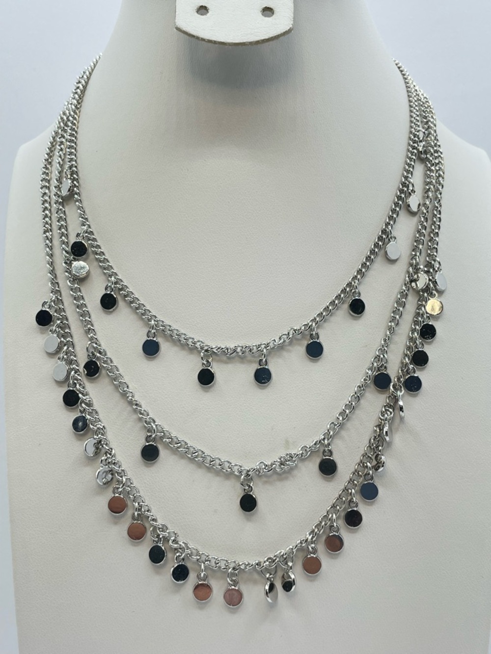 Silver Tone Layered Chain Necklace Dainty Disc Charm Multi Strand